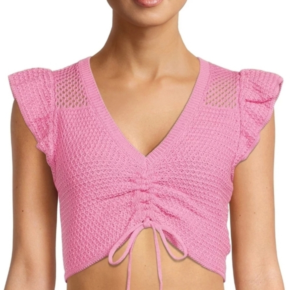 🧶Madden NYC Bright Pink Knit Adjustable Flutter Crochet Womens Top, sz XL - Picture 1 of 16